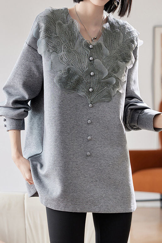 Early autumn stylish casual lace paneled sweatshirt - liwisi