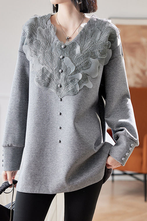 Early autumn stylish casual lace paneled sweatshirt - liwisi