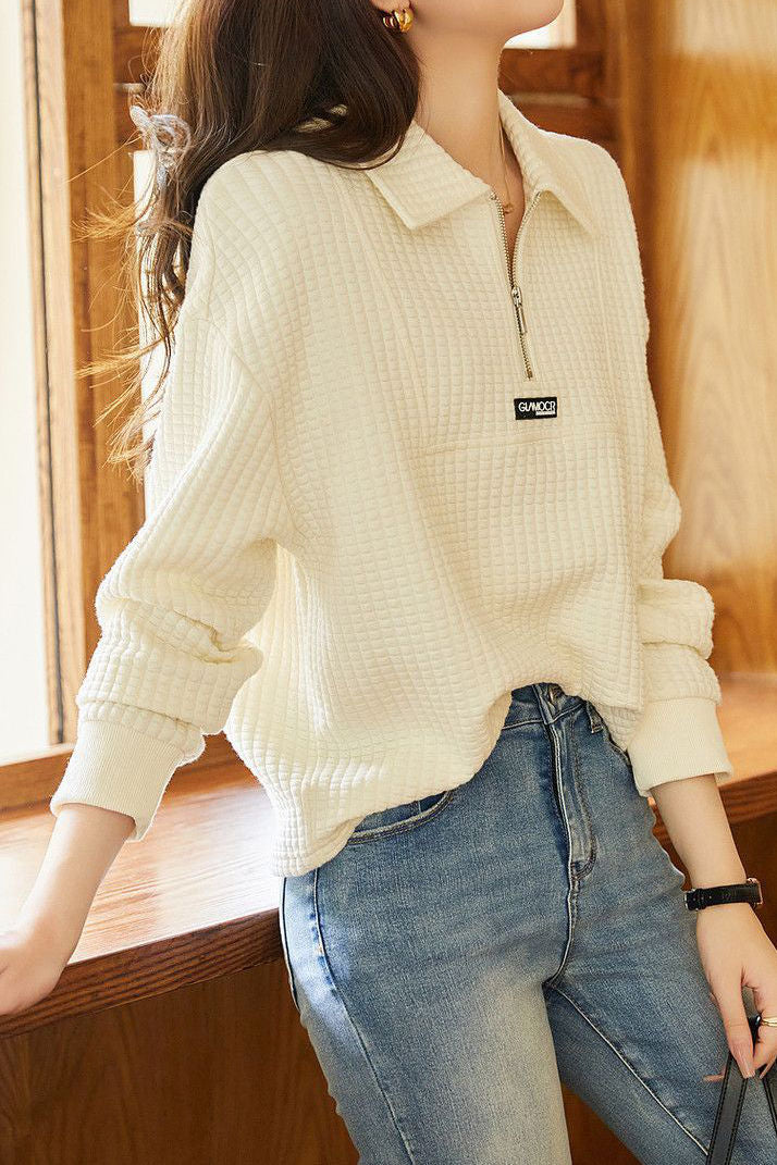 Casual Versatile Textured Polo-collar Pullover Sweatshirt - liwisi