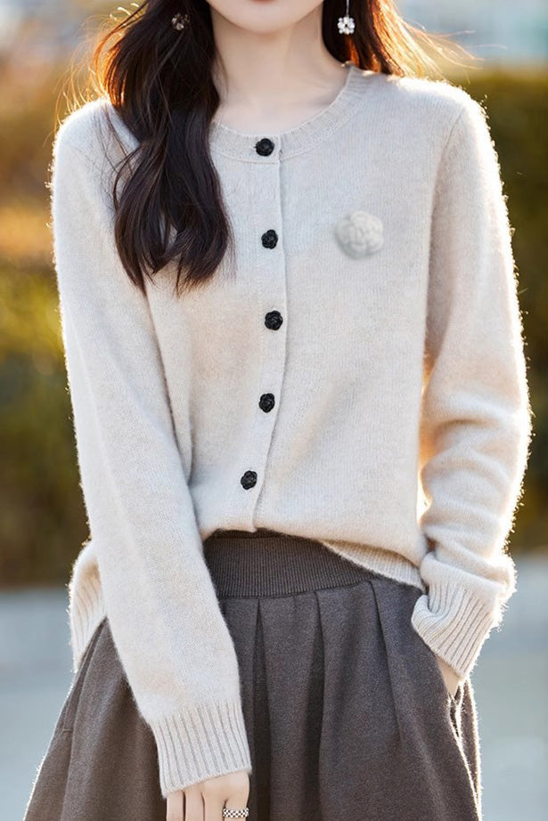 Elegant Round-neck Cardigan with 3D Floral Knit Details - liwisi
