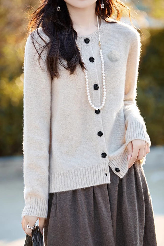 Elegant Round-neck Cardigan with 3D Floral Knit Details - liwisi