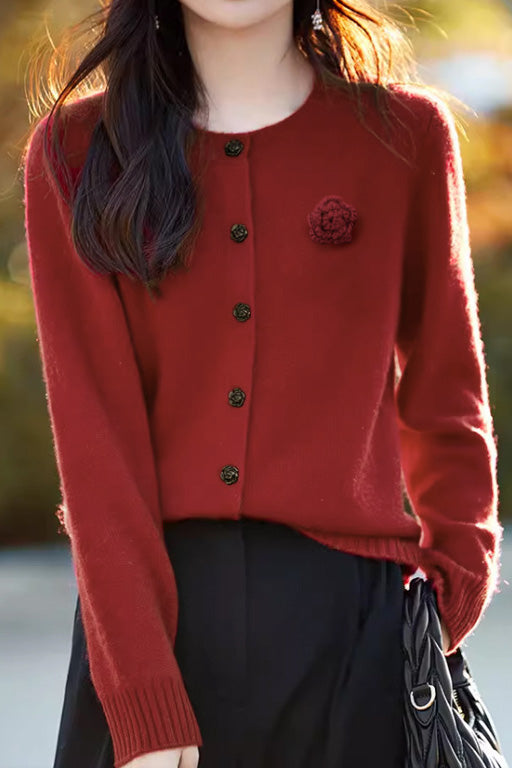 Elegant Round-neck Cardigan with 3D Floral Knit Details - liwisi