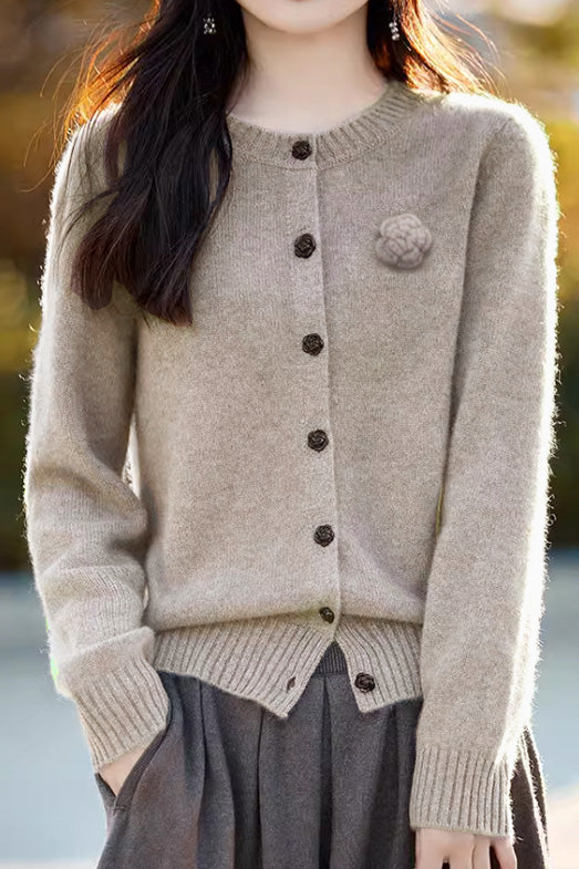 Elegant Round-neck Cardigan with 3D Floral Knit Details - liwisi
