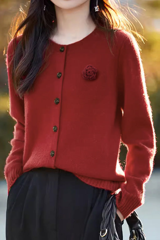 Elegant Round-neck Cardigan with 3D Floral Knit Details - liwisi