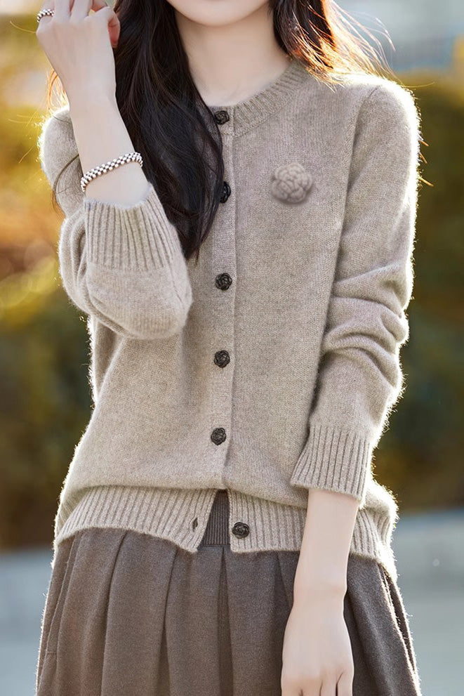 Elegant Round-neck Cardigan with 3D Floral Knit Details - liwisi