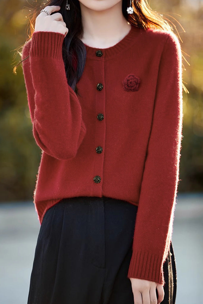 Elegant Round-neck Cardigan with 3D Floral Knit Details - liwisi