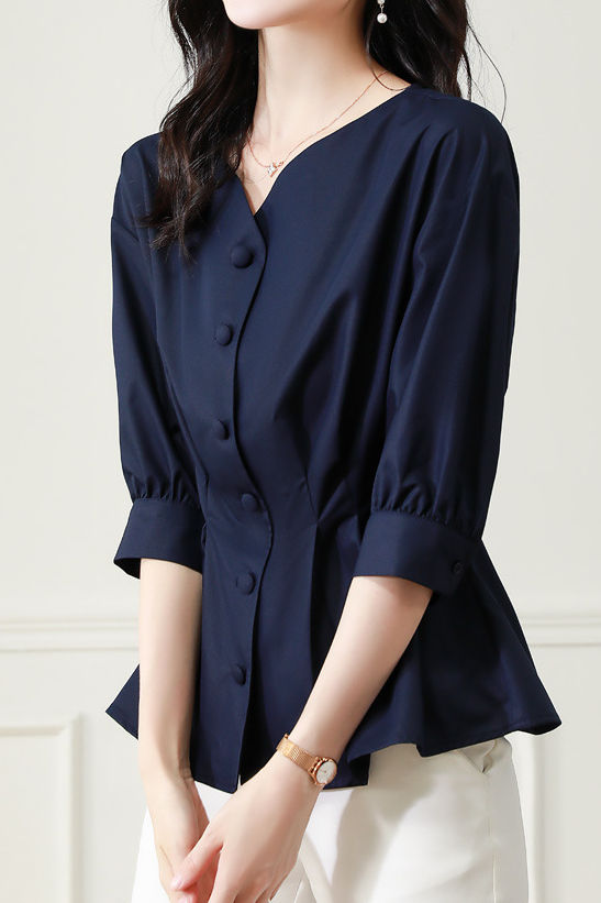 Elegant Office Seven-Sleeve Waist-Slimming Pleated Shirt - liwisi