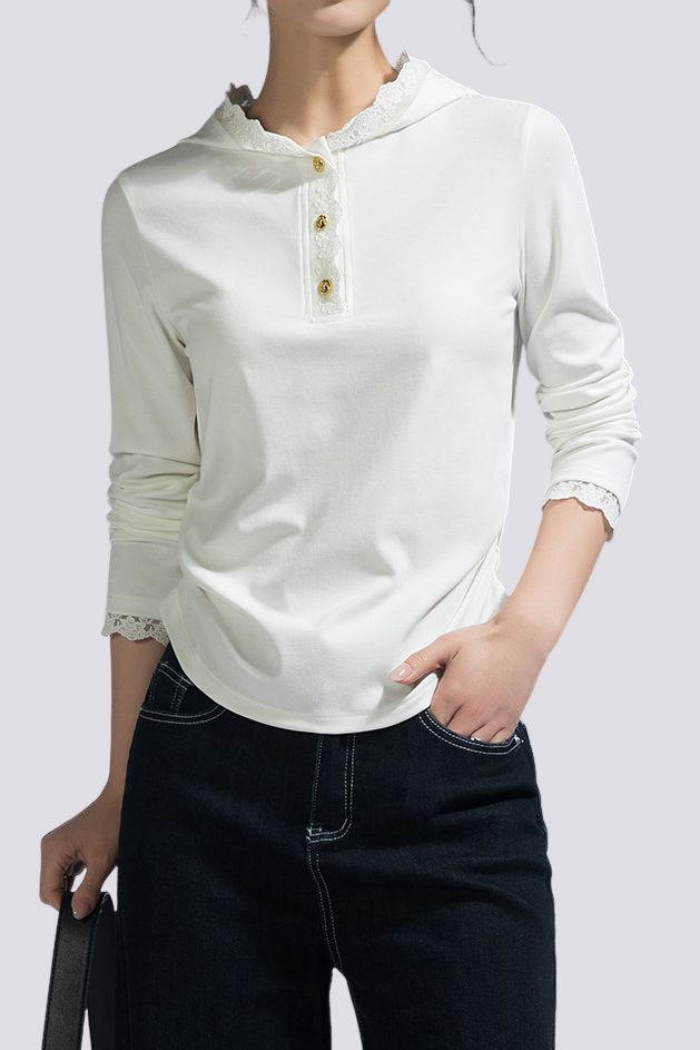 Casual Lace Long-Sleeve Edge Hooded T-Shirt - liwisi