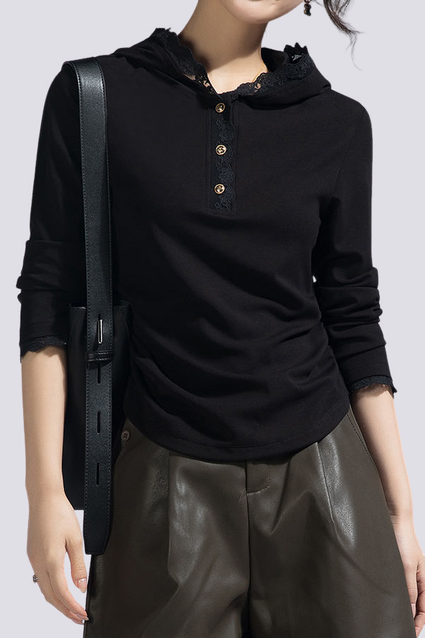 Casual Lace Long-Sleeve Edge Hooded T-Shirt - liwisi