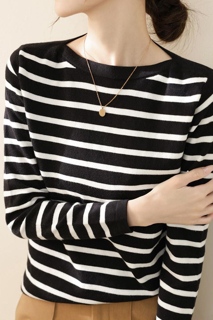 Unique Black and White Striped Long-Sleeve Knit Top - liwisi