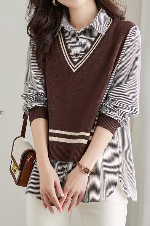 Early Autumn Casual Fake Two-Piece Spliced Shirt - liwisi