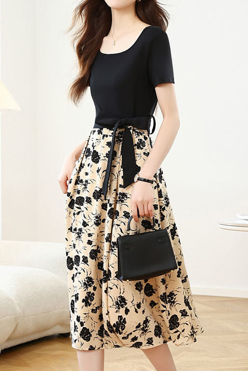 Elegant Spliced Printed Dress - liwisi