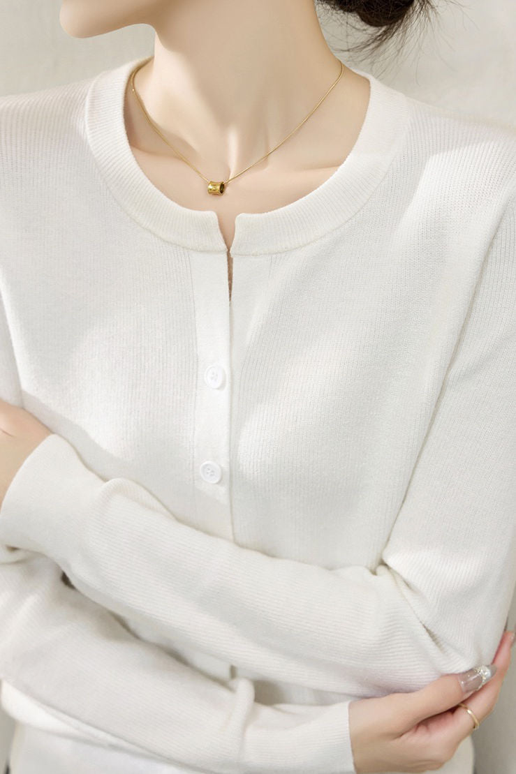 Solid Color Versatile Round Neck Knit Cardigan - liwisi