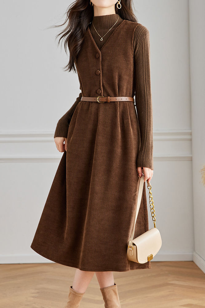 Elegant Sleeveless Corduroy Thickened Dress - liwisi