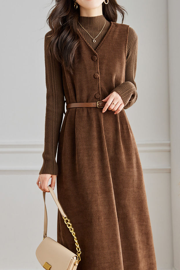 Elegant Sleeveless Corduroy Thickened Dress - liwisi