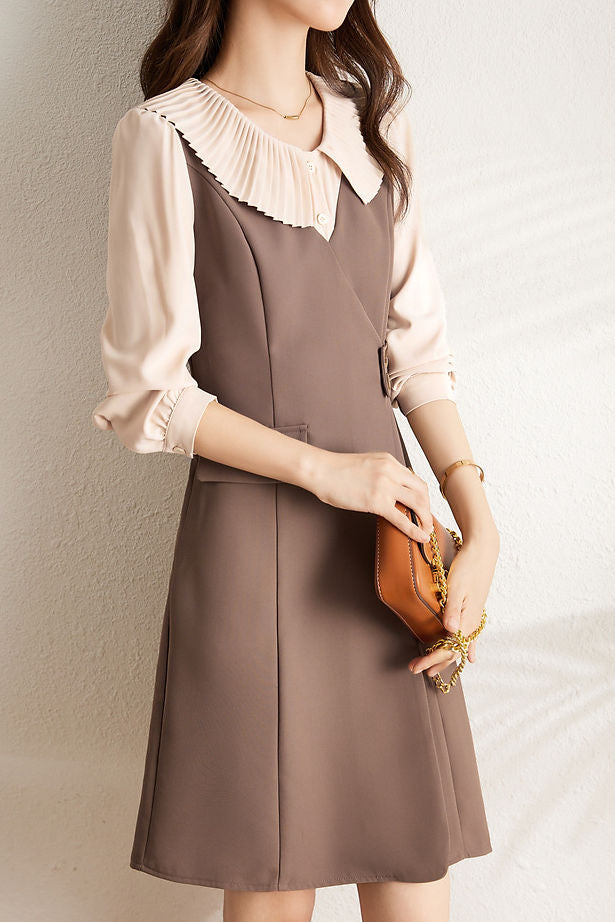 Early Autumn Lapel Fake Two-Piece Dress - liwisi