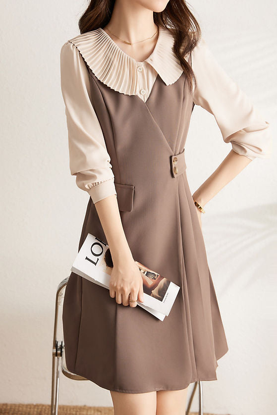 Early Autumn Lapel Fake Two-Piece Dress - liwisi