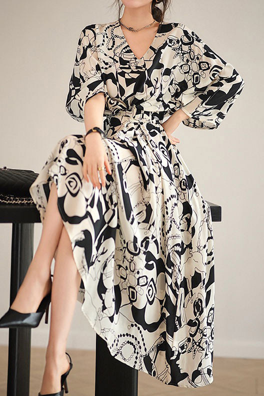 Stylish Printed Waist-Cinched Dress - liwisi