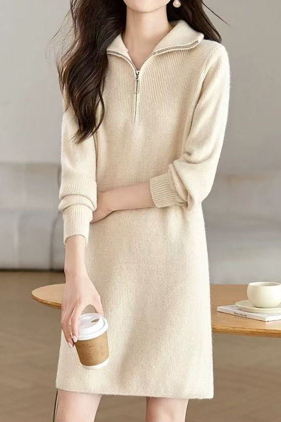 Fashionable Half-Zip Loose Sweater Dress - liwisi