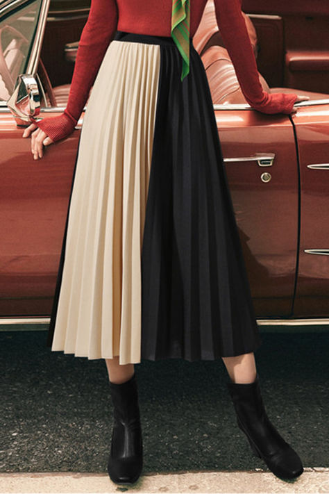 Stylish Versatile Color-Block Pleated Skirt - liwisi