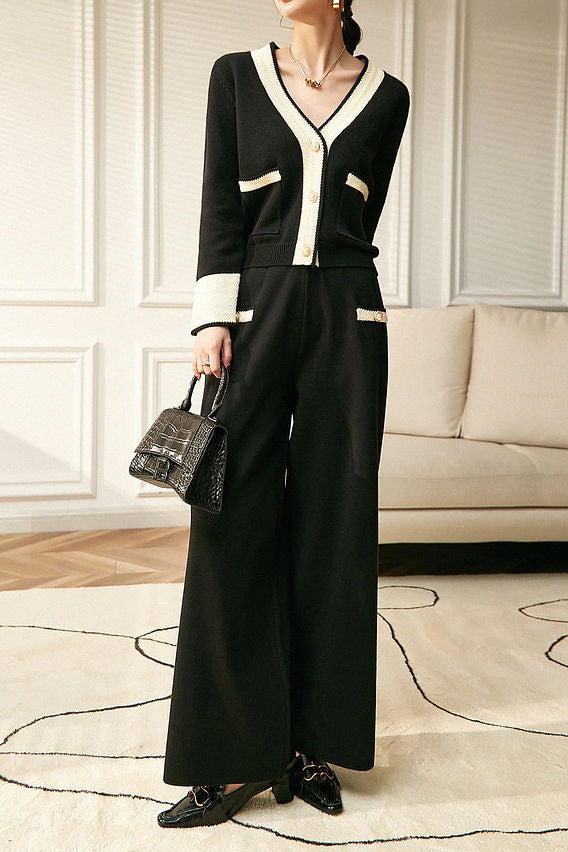Elegant Contrast Color Patchwork Knit Top & Wide-Leg Pants Two-Piece Set - liwisi