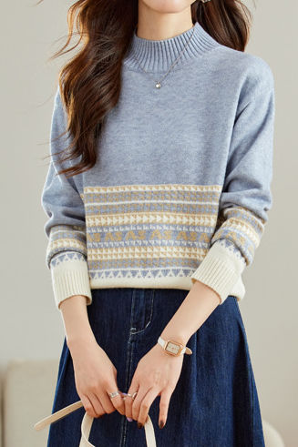 Slouchy Half-High Neck Color-Block Knit Top - liwisi