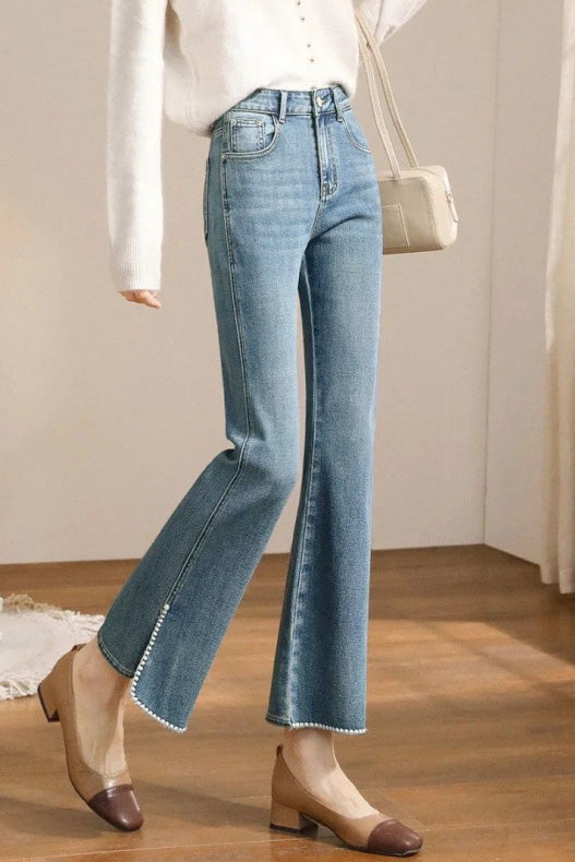 Elegant Office Pearl-Decorated Split-Hem Stretch Bootcut Jeans - liwisi