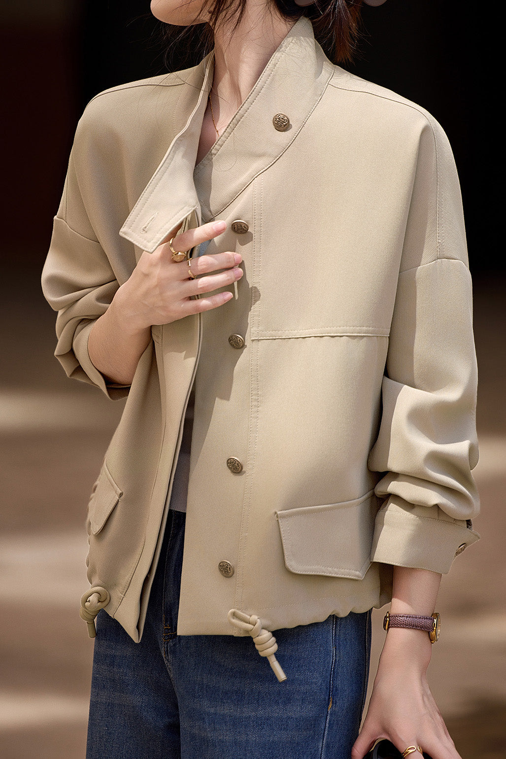Casual Office Short Stand-Collar Drawstring Jacket - liwisi