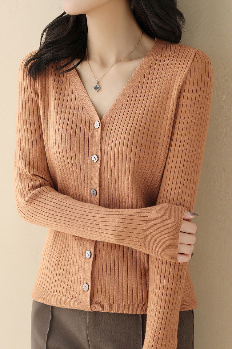 Casual V-Neck Single-Row Button Knit Cardigan - liwisi