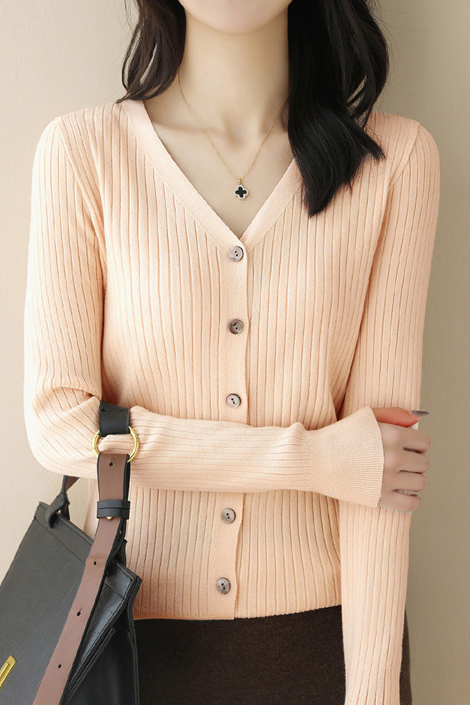 Casual V-Neck Single-Row Button Knit Cardigan - liwisi