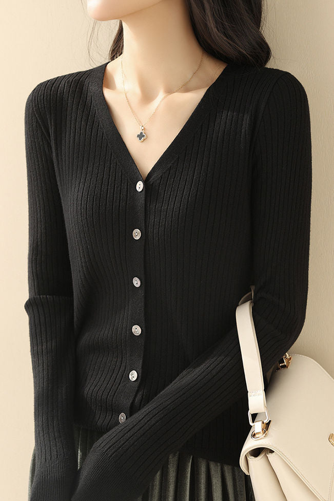Casual V-Neck Single-Row Button Knit Cardigan - liwisi