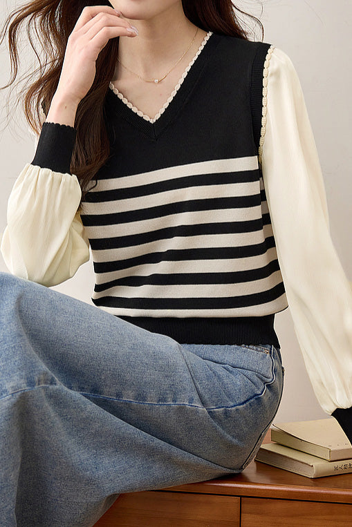 Faux Two-Piece Striped Knit Top - liwisi