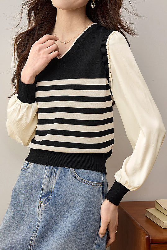 Faux Two-Piece Striped Knit Top - liwisi