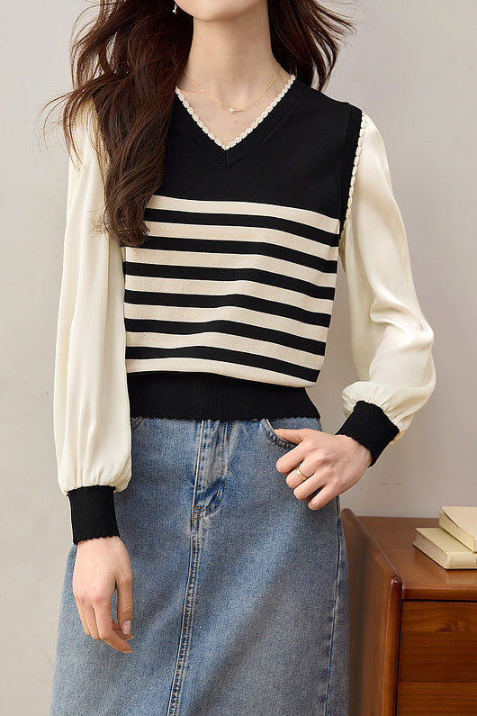 Faux Two-Piece Striped Knit Top - liwisi