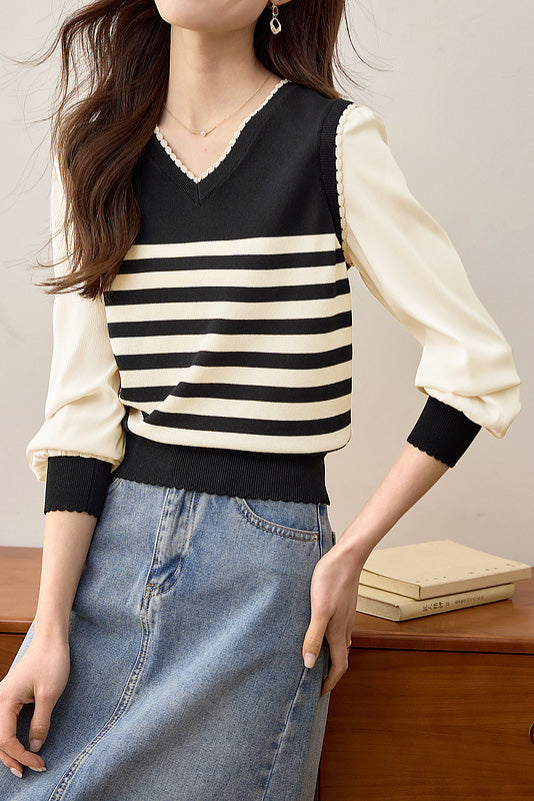 Faux Two-Piece Striped Knit Top - liwisi