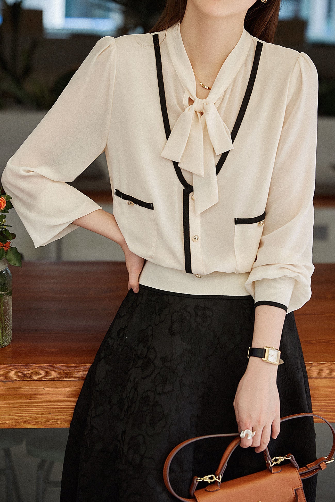 Elegant Flowy Collar Color-Block Faux Two-Piece Shirt - liwisi