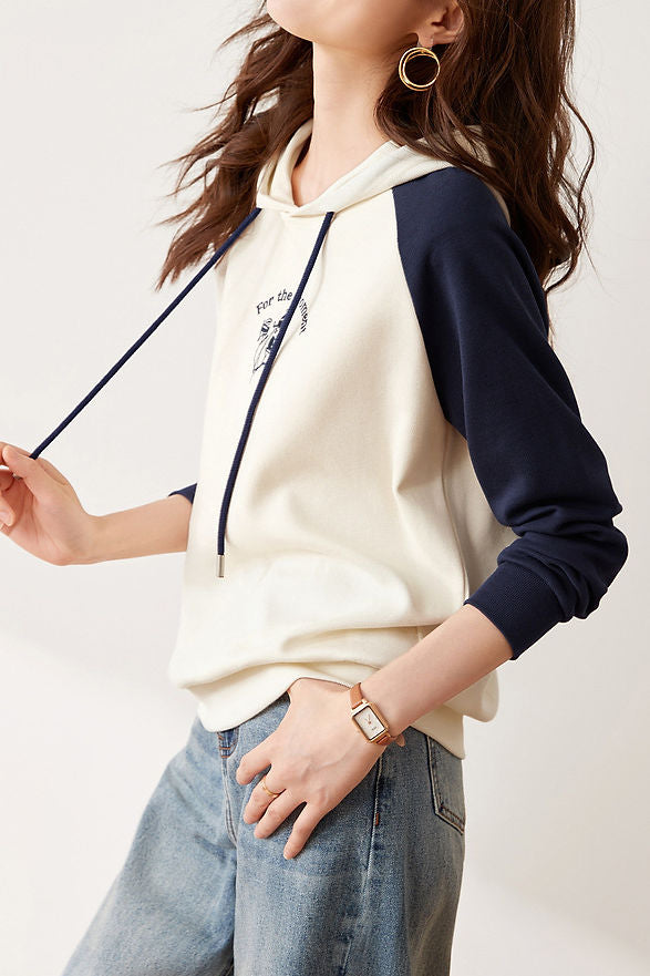 Casual Loose Printed Color-Block Pullover Hoodie - liwisi