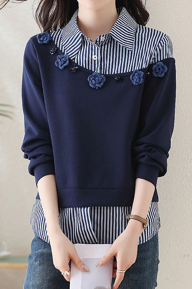 Casual Loose Stripe Patchwork 3D Flower Fake Two-Piece Hoodie - liwisi