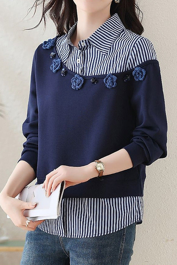 Casual Loose Stripe Patchwork 3D Flower Fake Two-Piece Hoodie - liwisi