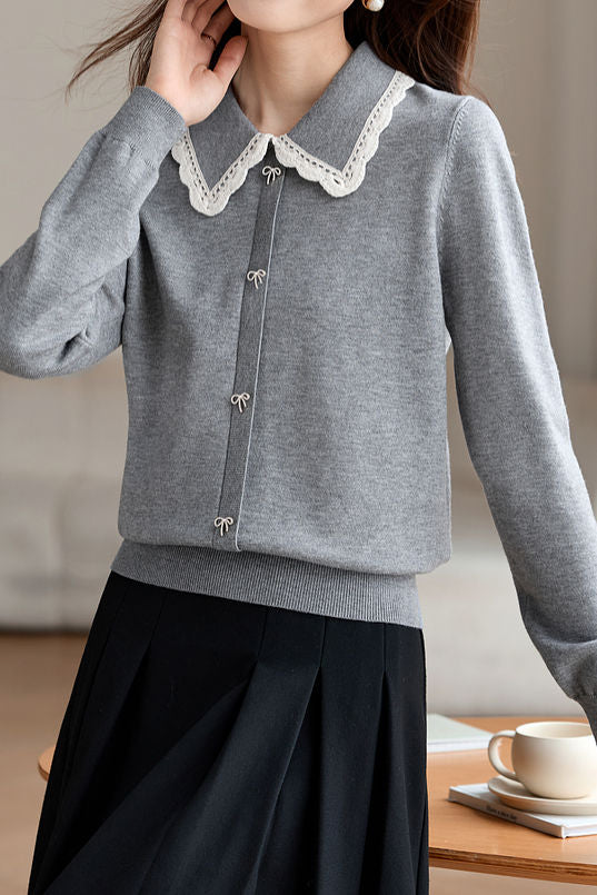 Exquisite Lace Ribbon Lapel Knit Sweater - liwisi