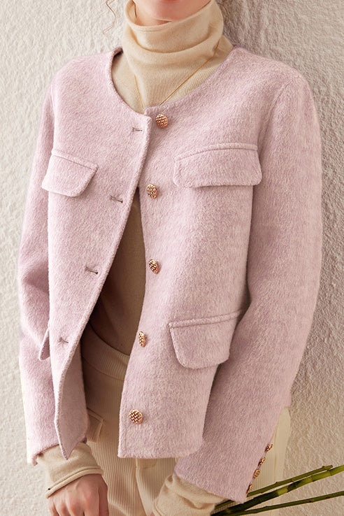 Elegant Round Neck Open-Front Short Double-Faced Wool Coat - liwisi