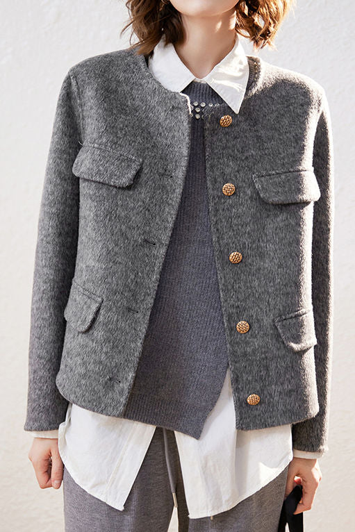 Elegant Round Neck Open-Front Short Double-Faced Wool Coat - liwisi