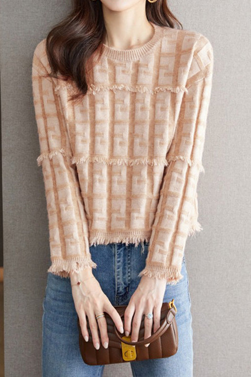 Elegant Round Neck Tassel Texture Pullover Sweater - liwisi