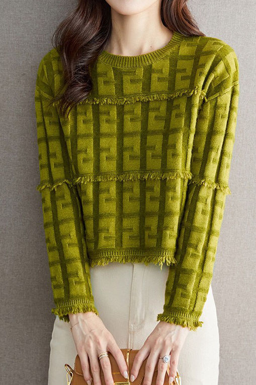 Elegant Round Neck Tassel Texture Pullover Sweater - liwisi