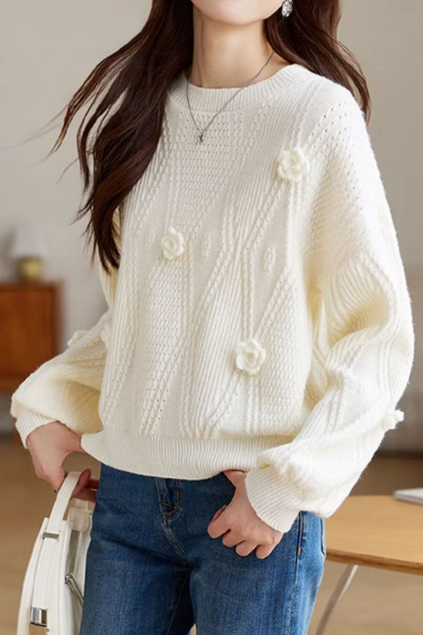 Elegant Loose Lantern Sleeve 3D Flower Pullover Sweater - liwisi