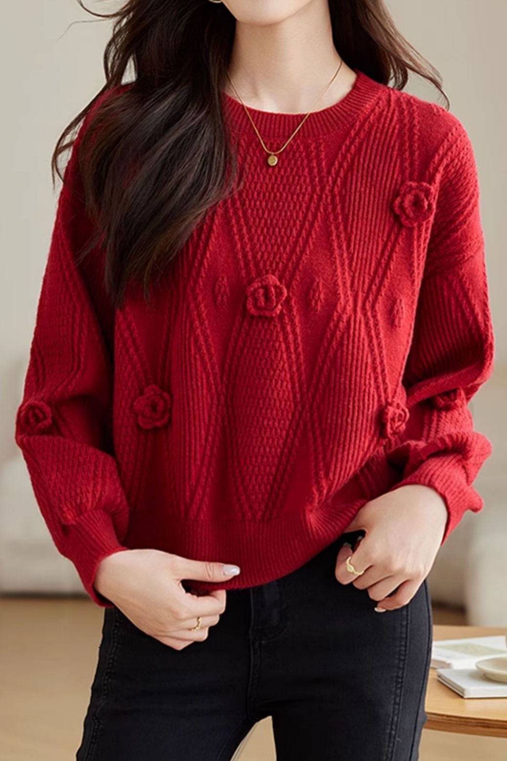 Elegant Loose Lantern Sleeve 3D Flower Pullover Sweater - liwisi