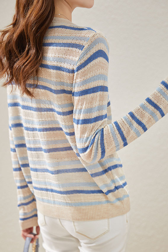 Casual Striped Round Neck Hollow Knitted Sweater - liwisi
