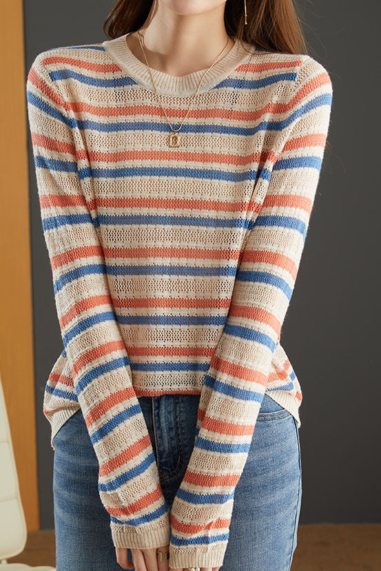 Casual Striped Round Neck Hollow Knitted Sweater - liwisi