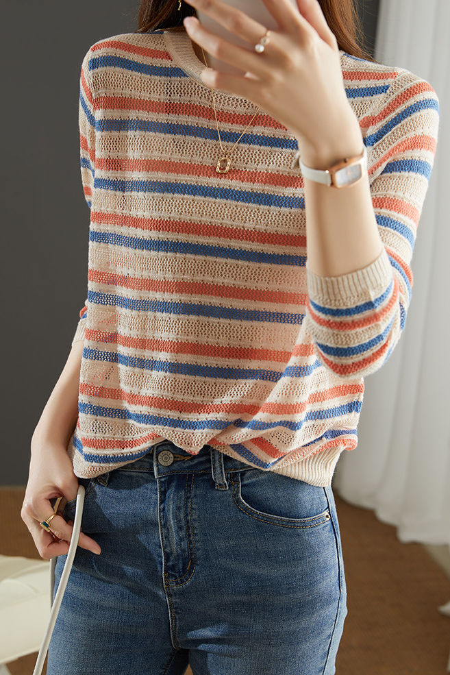 Casual Striped Round Neck Hollow Knitted Sweater - liwisi