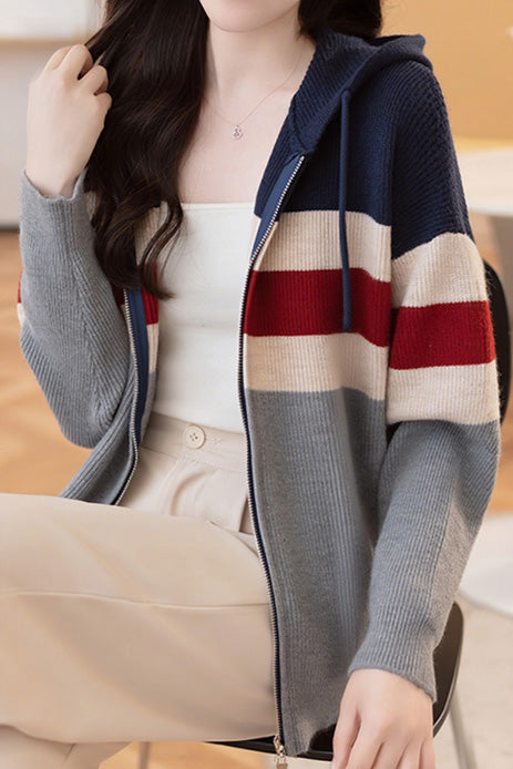 Casual Color-Blocked Loose Hooded Cardigan - liwisi